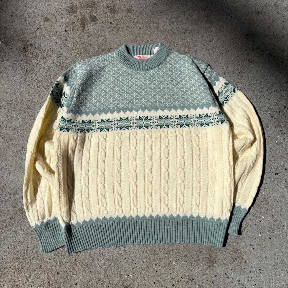 Vintage Indian Brand Sportswear Nordic Cable Knit Sweater XL Cream Green Teal